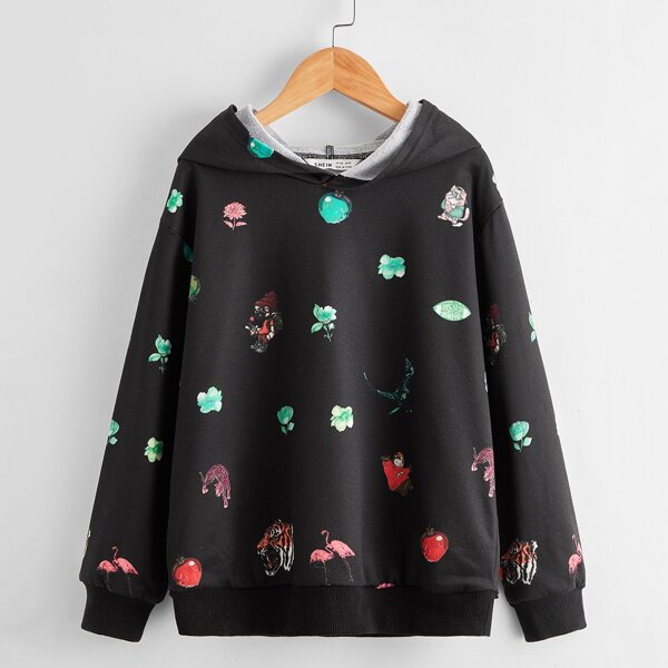 

Boys Floral and Cartoon Graphic Hoodie, Black