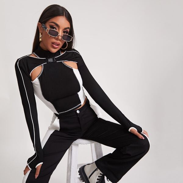 

Mock-Neck Push Buckle Front Cut Out Two Tone Top, Black