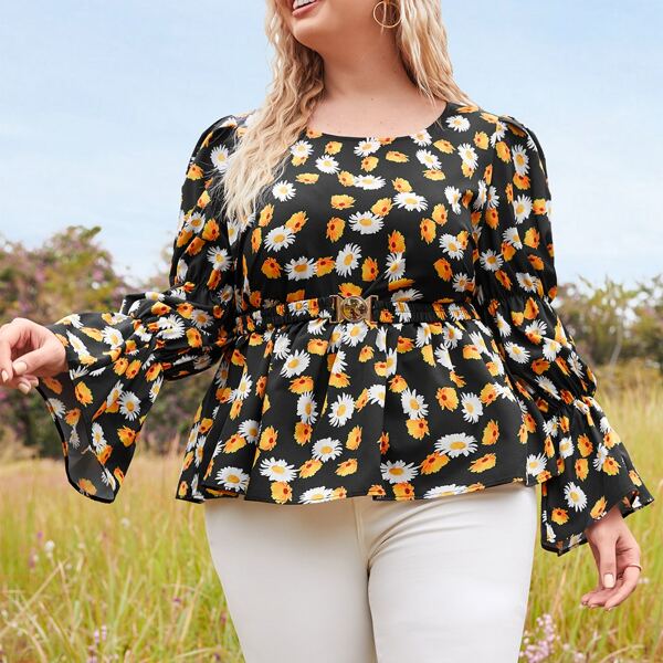 

Plus Flounce Sleeve Self Belted Daisy Floral Top, Multicolor