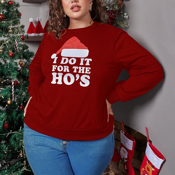 

Plus Christmas Slogan Graphic Round Neck Sweatshirt, Burgundy