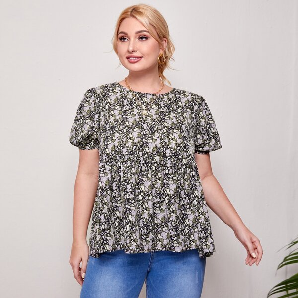 

Plus Puff Sleeve Ditsy Floral Peplum Top, Multicolor