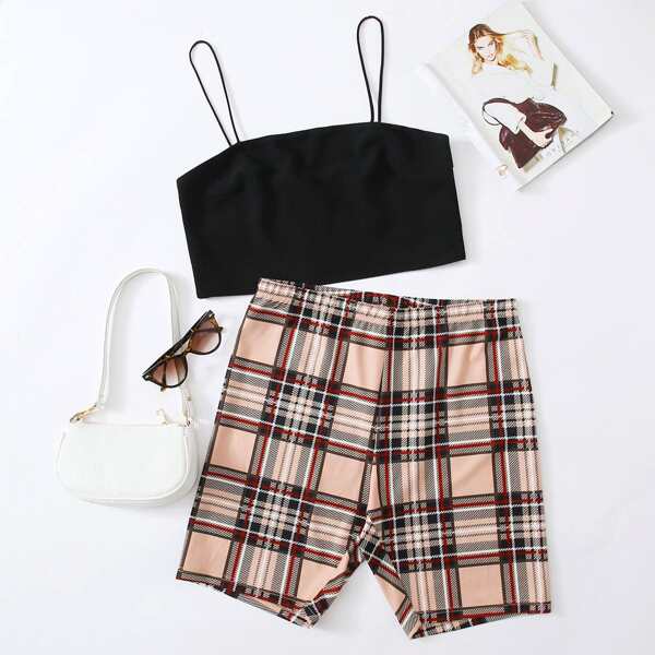 

Plus Solid Crop Cami Top & Tartan Biker Shorts Set, Multicolor