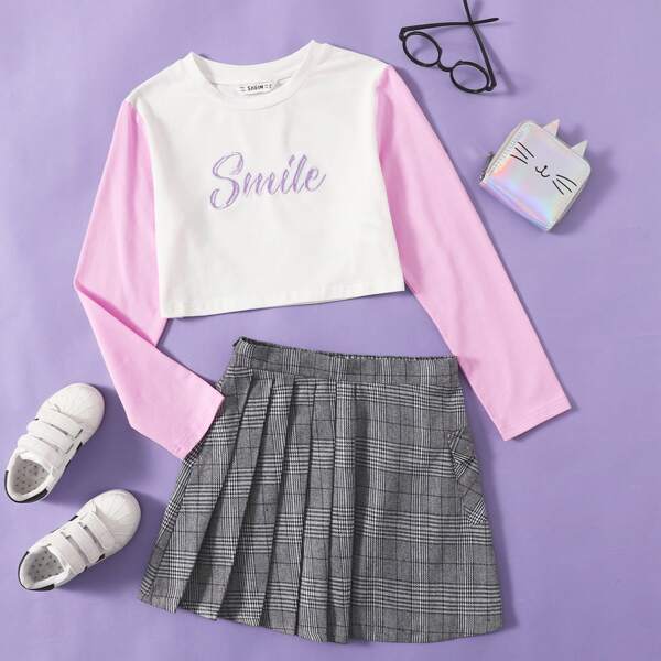 

Girls Colorblock Sleeve Letter Embroidered Top & Plaid Pleated Skirt Set, Multicolor