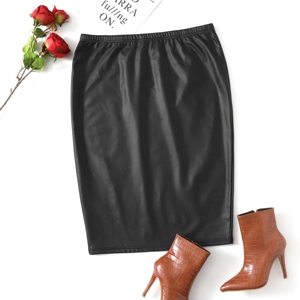 

Plus Leather Look Solid Skirt, Black