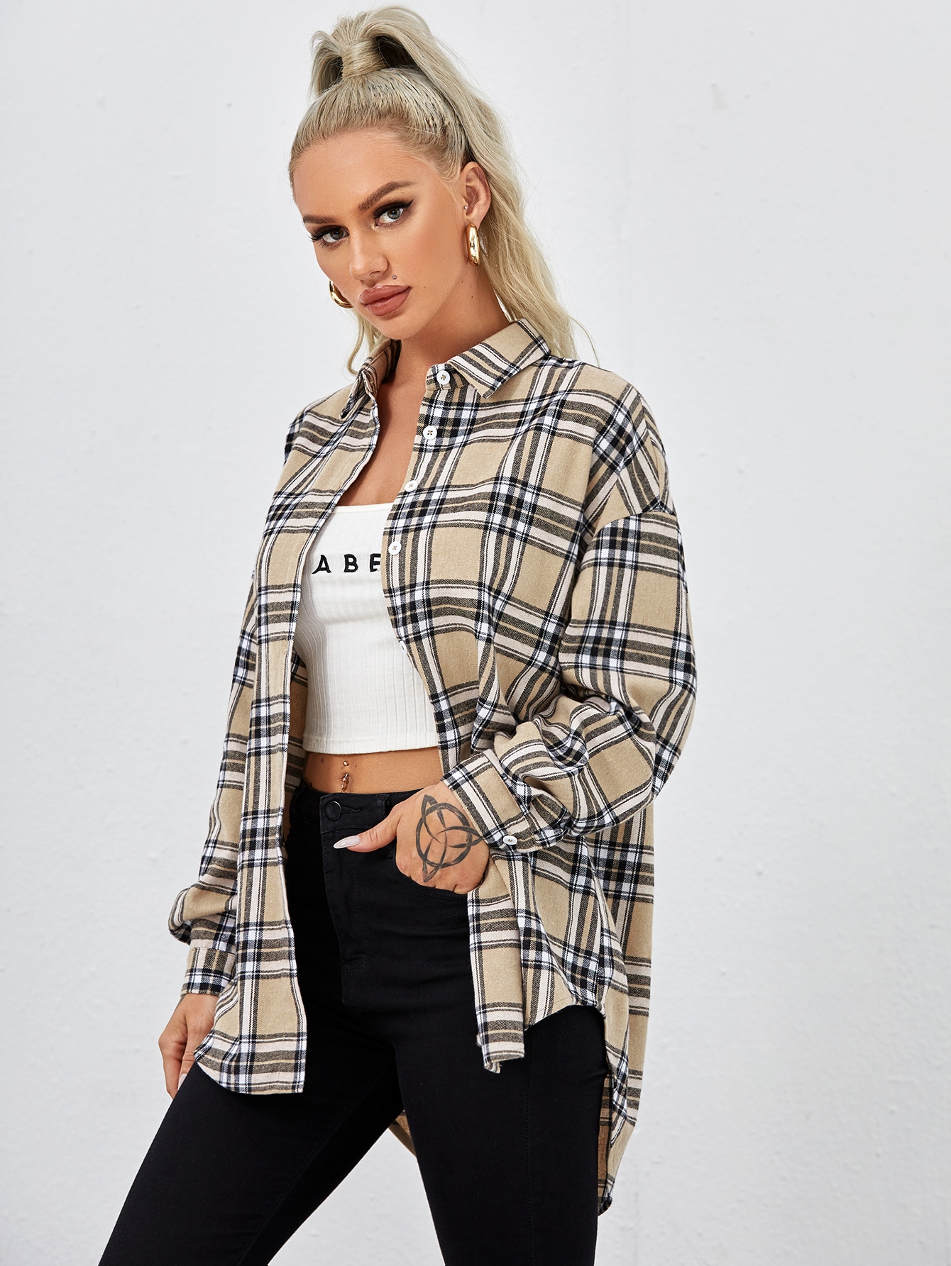 Single Breasted High Low Hem Plaid Blouse thumbnail
