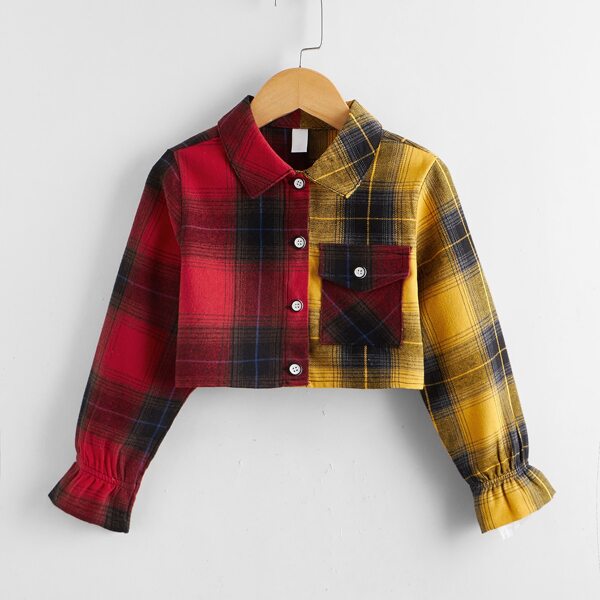 

Toddler Girls Color-block Plaid Flounce Sleeve Crop Blouse, Multicolor