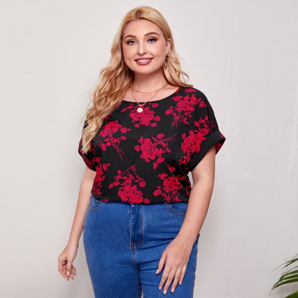 

Plus Cuff Sleeve Floral Print Top, Multicolor