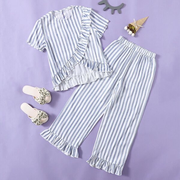 

Girls Ruffle Trim Striped Top & Pants Set, Blue and white