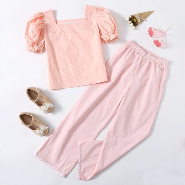 

Girls Puff Sleeve Heart Print Top & Wave Tape Pants Set, Pastel baby pink