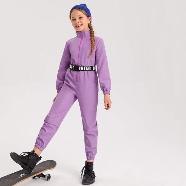 

Girls Zipper Front Letter Tape Buckle Belted Jumpsuit, Lilac purple