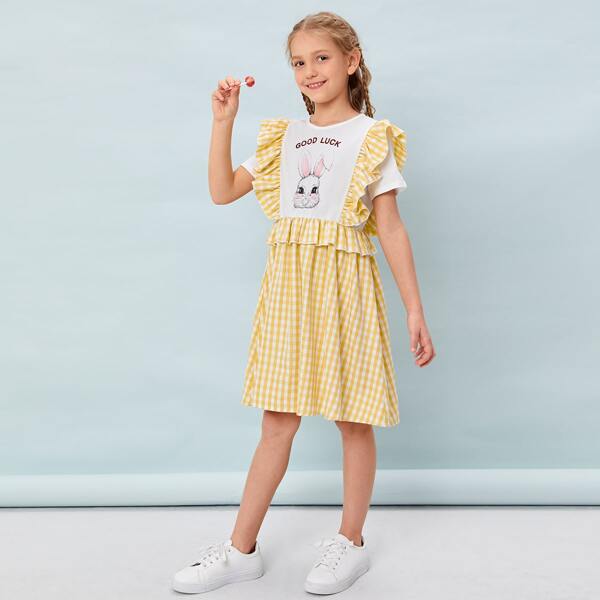 

Girls Cartoon & Letter Graphic Ruffle Trim Gingham Dress, Multicolor