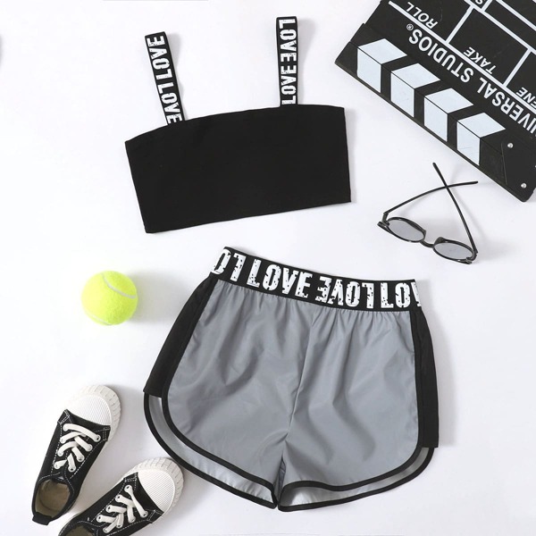 

Girls Letter Tape Crop Cami Top & Reflective Track Shorts Set, Multicolor