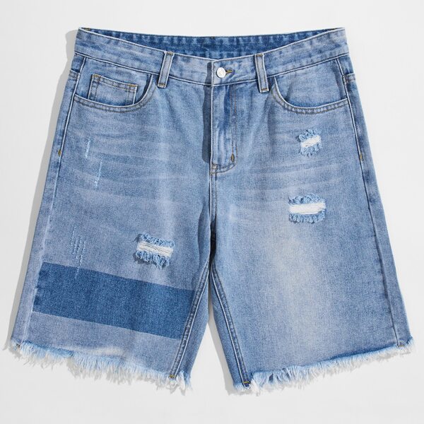 

Men Ripped Raw Hem Colorblock Denim Shorts, Light wash