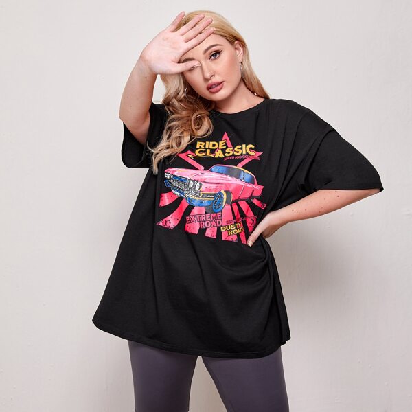 

Plus Drop Shoulder Car & Letter Graphic Tee, Black