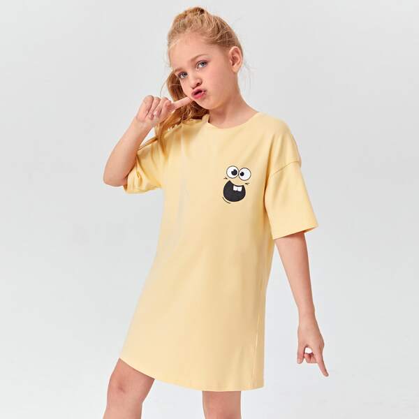 

Girls Cartoon Graphic Tee Dress, Yellow pastel