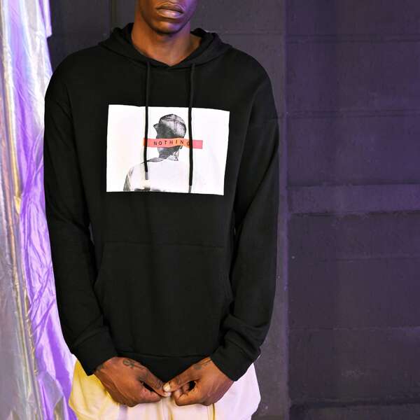 

Men Drawstring Detail Figure & Letter Graphic Hoodie, Black