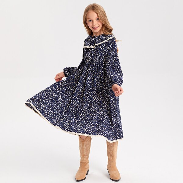

Girls Ditsy Floral Lace Trim Dress, Multicolor