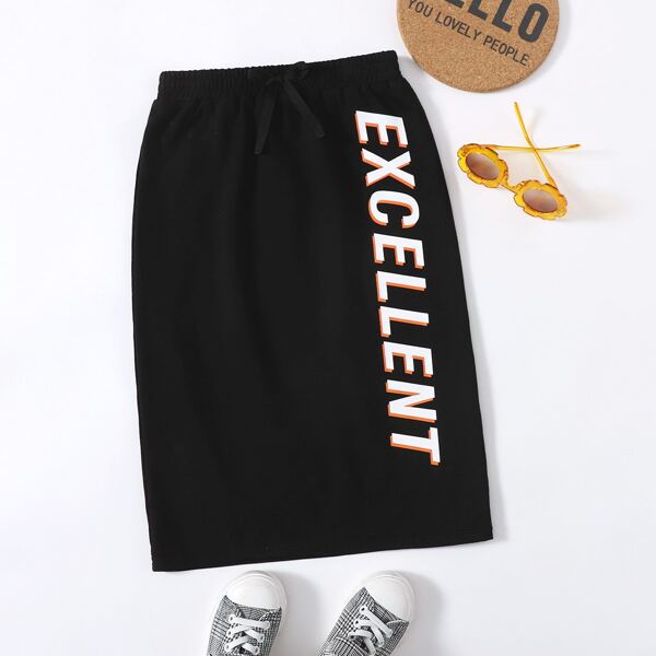 

Girls Letter Graphic Knot Front Skirt, Black