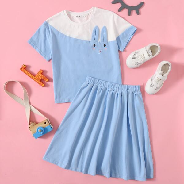 

Girls 3D Rabbit Ears Design Colorblock Tee & A-line Skirt Set, Baby blue