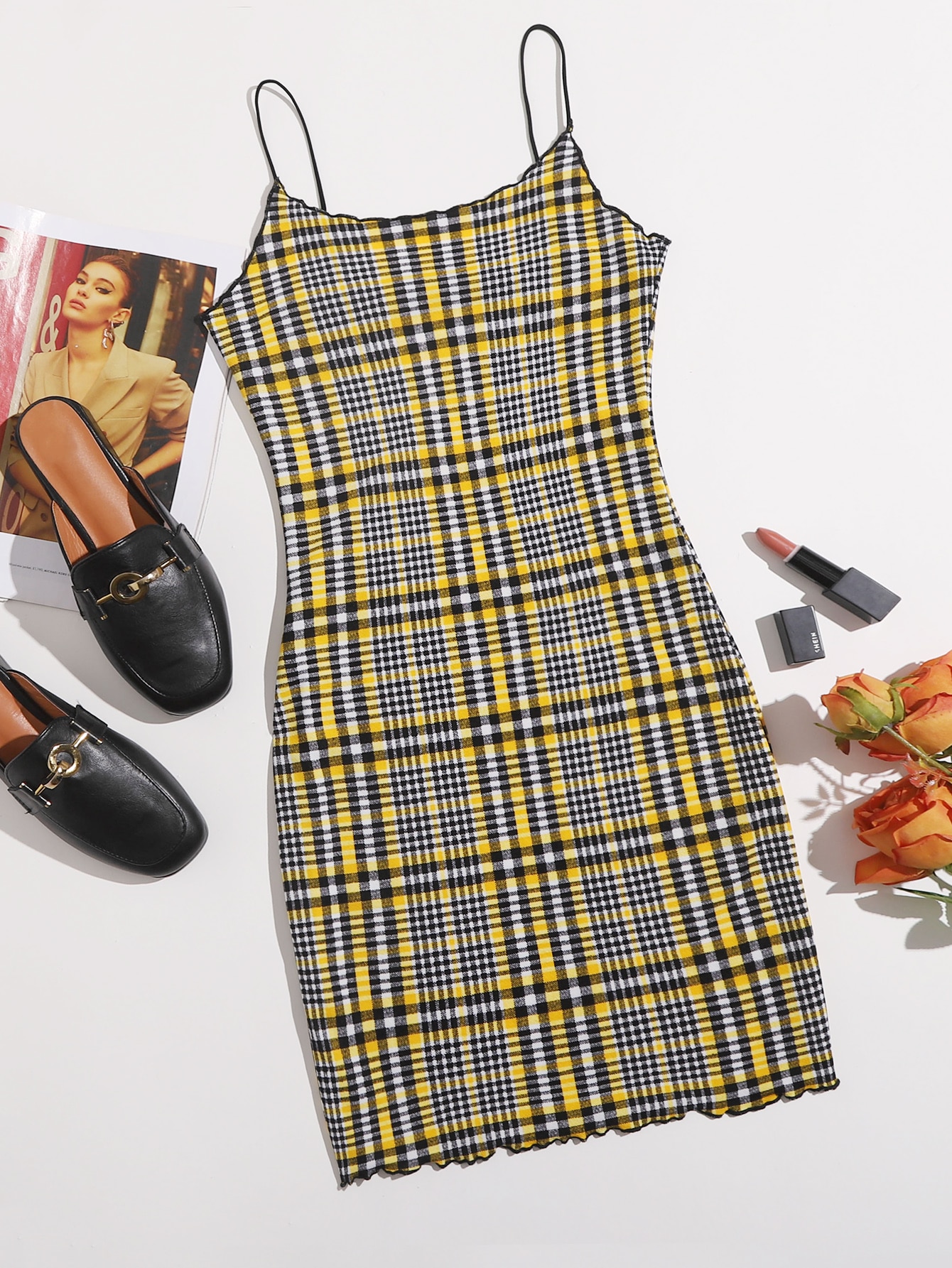 Plaid Lettuce Trim Bodycon Dress thumbnail