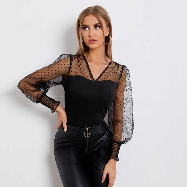 

Sheer Mesh Sleeve Shirred Detail Rib-knit Top, Black