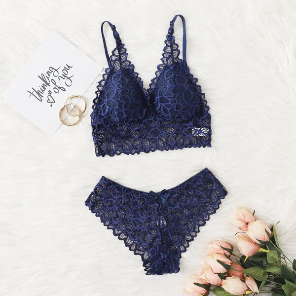 

Floral Lace Lingerie Set, Navy blue