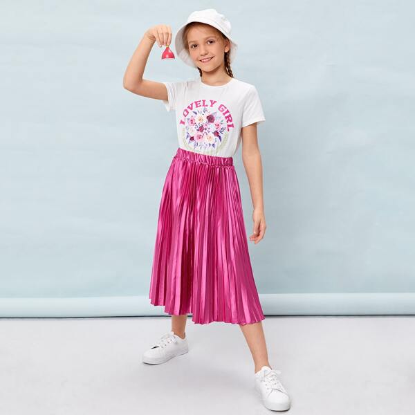 

Girls Letter Graphic Tee &v Pleated Satin Skirt Set, Multicolor
