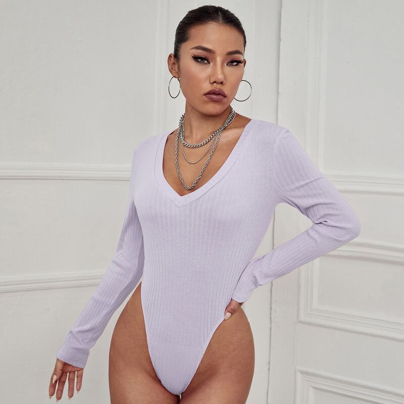 

Rib-knit High Leg Solid Bodysuit, Pastel lilac purple