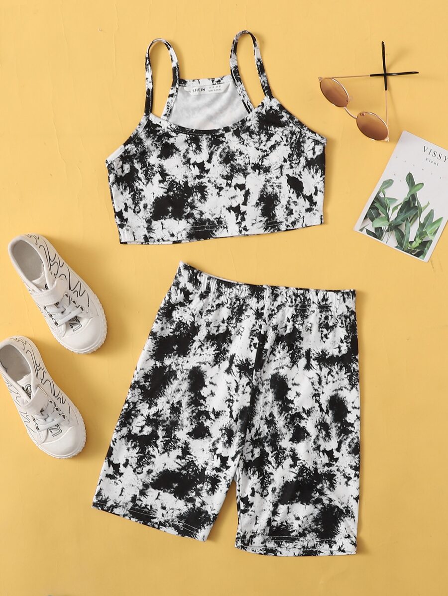 SHEIN Girls Tie Dye Crop Cami Top & Biker Shorts Set