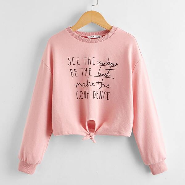 

Girls Slogan Graphic Knot Hem Pullover, Coral pink