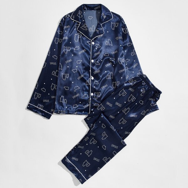 

Men Satin Cartoon Bear And Slogan Graphic PJ Set, Navy blue