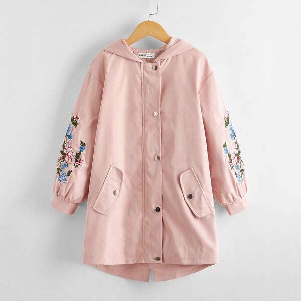 

Girls Floral Embroidered Hooded Coat, Dusty pink