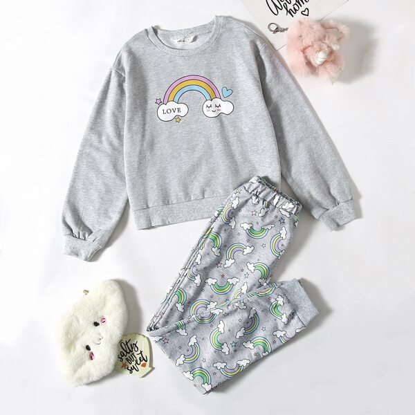 

Girls Rainbow Print Top & Pants PJ Set, Light grey