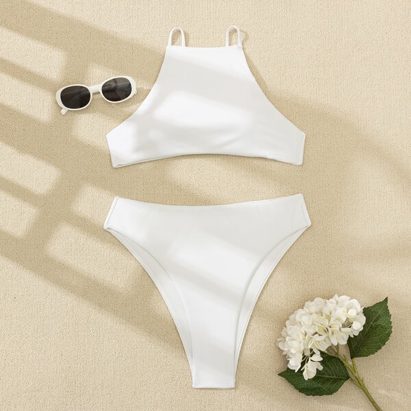 

Solid High Waisted Bikini Swimsuit, White