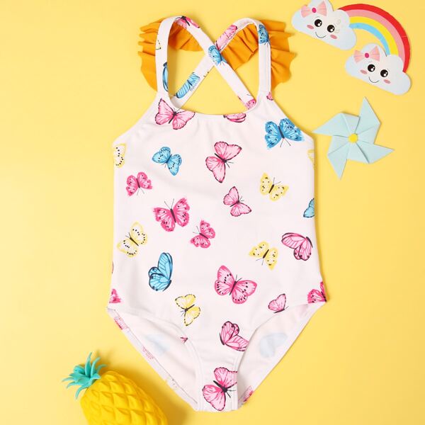 

Toddler Girls Butterfly Print One Piece Swimsuit, White
