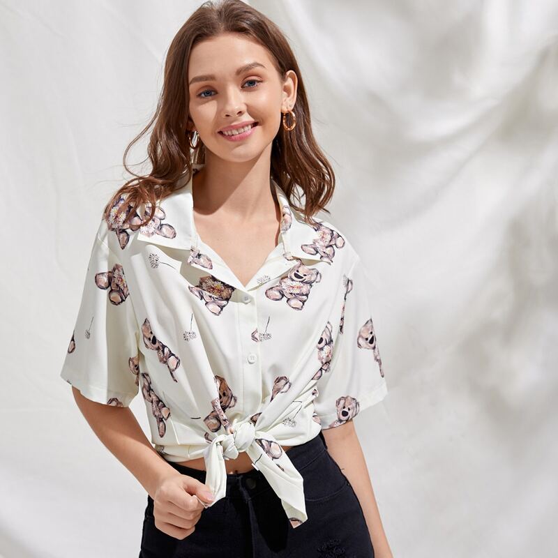 

Cartoon Bear Pattern Shirt, Beige