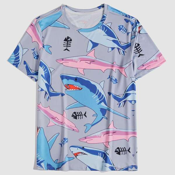 

Men Cartoon Shark Print Round Neck Tee, Multicolor