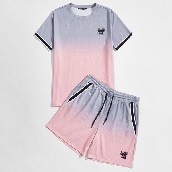 

Men Ombre Tape Cuff Tee & Drawstring Shorts Set, Multicolor
