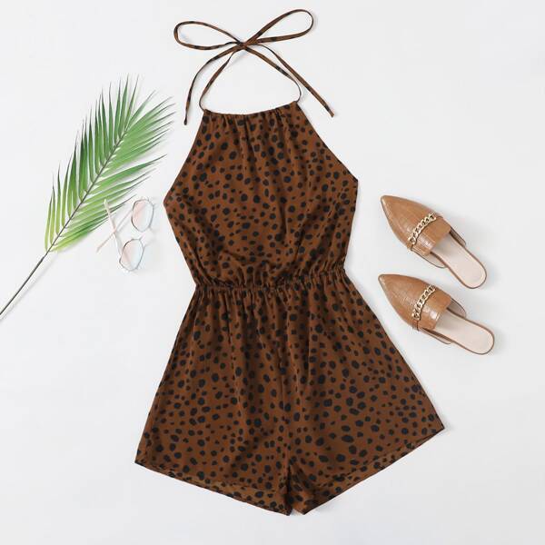 

Dalmatian Print Halter Romper, Coffee brown