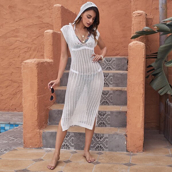 

Split Thigh Hooded Open Knit Cover Up Without Bikini, White