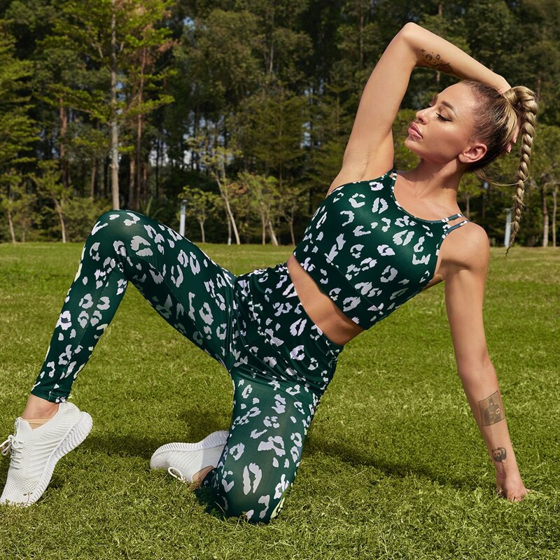

All Over Print Sports Bra With Wide Band Waist Leggings, Dark green