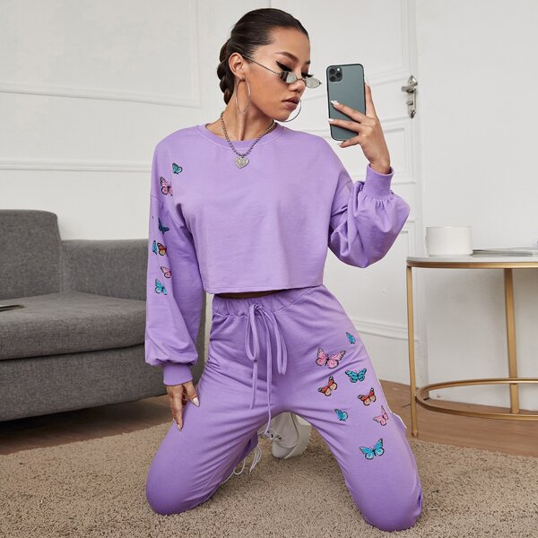 

Butterfly Print Crop Pullover & Joggers Set, Violet purple