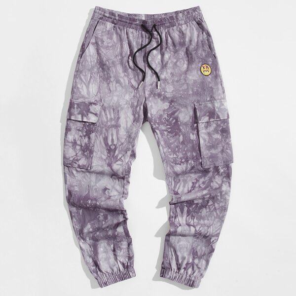 

Men Drawstring Waist Flap Pocket Tie Dye Pants, Maroon