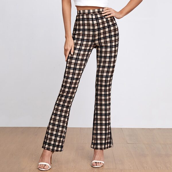 

High Waist Plaid Flare Leg Pants, Multicolor
