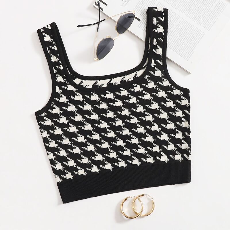 

Houndstooth Pattern Knit Top, Black and white