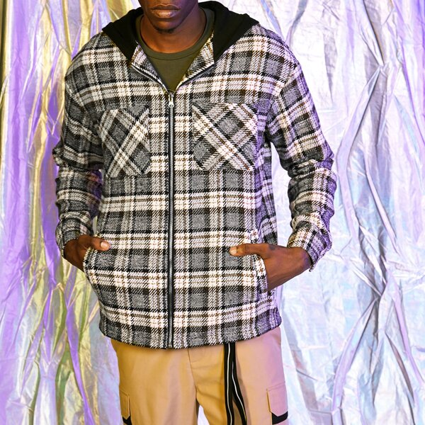 

Men Plaid Hooded Tweed Coat, Multicolor
