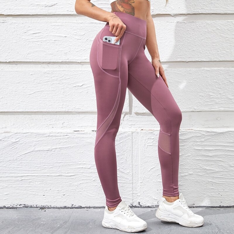 

Contrast Mesh Sports Leggings With Phone Pocket, Mauve purple
