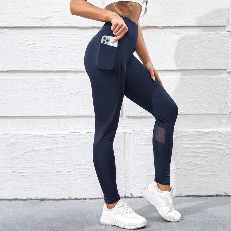 

Contrast Mesh Sports Leggings With Phone Pocket, Navy blue