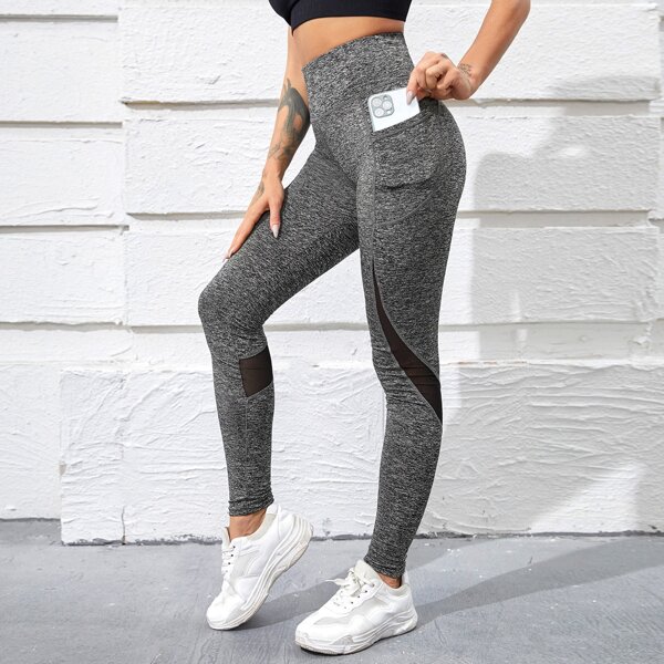 

Contrast Mesh Sports Leggings With Phone Pocket, Dark grey