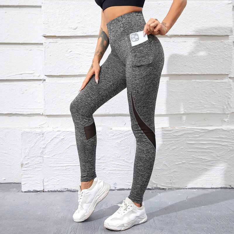 

Contrast Mesh Sports Leggings With Phone Pocket, Dark grey